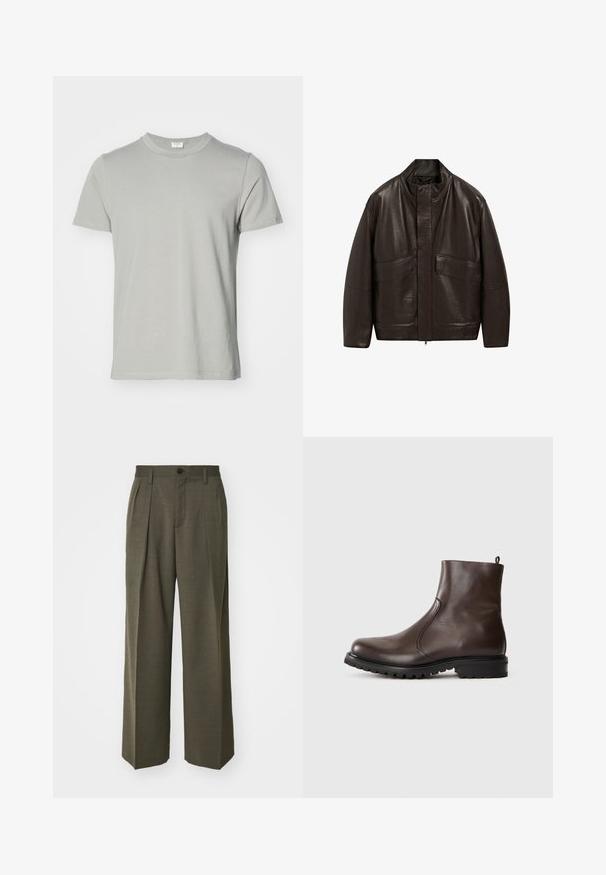 Hnědá kožená bunda s vysokým límcem, zipovým zapínáním a dvěma velkými předními kapsami; má hladkou texturu a volný střih.; Tričko s krátkým rukávem v světle šedé barvě z bavlny, s kulatým výstřihem a rovním lemem. Hladká textura, bez vzorů nebo viditelného kovového nýtování.; Filippa K WIDE TROUSERS - Kalhoty - driftwood; Hnědé kožené kotníkové boty s hladkým povrchem, elastickými postranními panely, poutkem na zadní straně a robustní gumovou podrážkou.