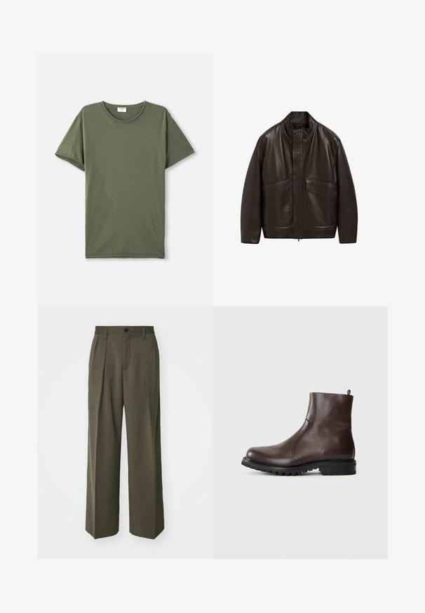 Veste en cuir marron avec un col haut, fermeture éclair et deux grandes poches avant ; présente une texture lisse et un design décontracté.; T-shirt à col rond à manches courtes, de couleur olive unie, posé à plat sur un fond blanc.; Filippa K WIDE TROUSERS - Pantalon classique - driftwood; Botte chelsea en cuir marron avec une texture lisse, des panneaux latéraux élastiques, une languette à l'arrière et une semelle en caoutchouc robuste.