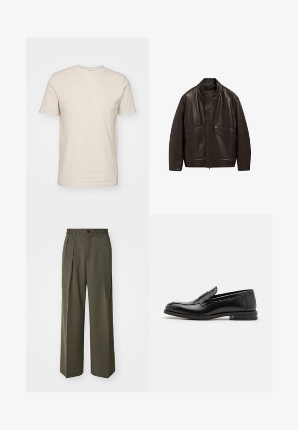 Bruine leren jas met een hoge kraag, ritssluiting en twee grote zijzakken; heeft een gladde textuur en een ontspannen pasvorm.; Korte mouwen, ronde hals t-shirt van lichtbeige katoen. Heeft een gladde textuur, standaard pasvorm en een eenvoudig ontwerp zonder patronen of versieringen.; Filippa K WIDE TROUSERS - Broek - driftwood; Zwarte leren instappers met een gladde textuur, ronde neus en een decoratieve band over de wreef. Lage, gestapelde hak en minimalistisch ontwerp.
