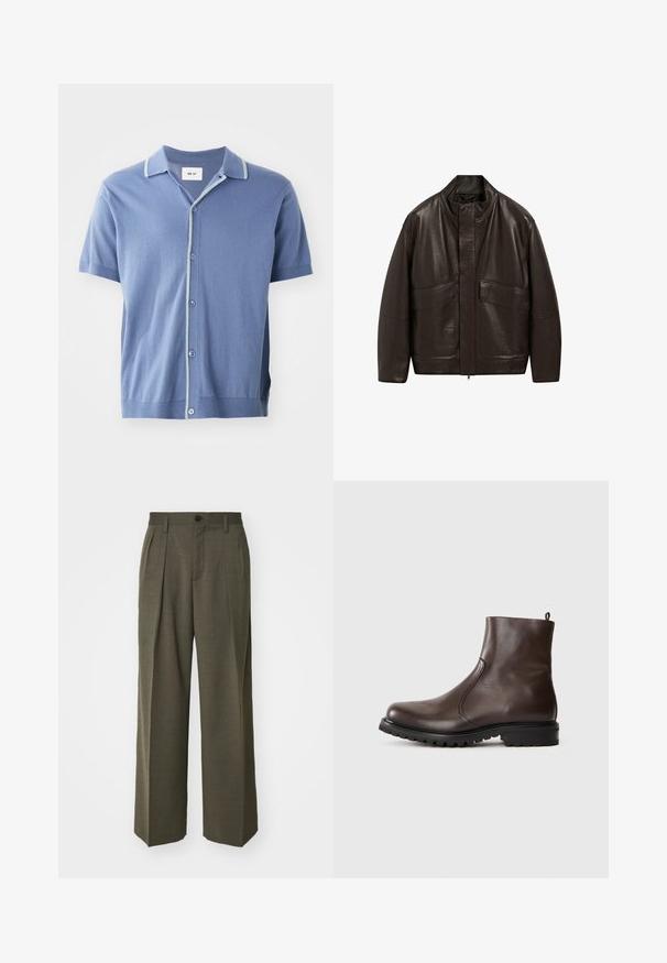 Bruine leren jas met een hoge kraag, ritssluiting en twee grote zijzakken; heeft een gladde textuur en een ontspannen pasvorm.; NN.07 NOLAN - Overhemd - blue; Filippa K WIDE TROUSERS - Broek - driftwood; Bruine leren enkelboot met een gladde textuur, elastische zijpanelen, een trekband aan de achterkant en een robuuste rubberen zool.