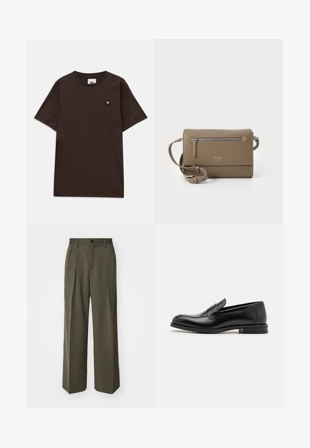Brun läderjacka med hög krage, dragkedjestängning och två stora framfickor; har en slät yta och en avslappnad passform.; Mörkbrun kortärmad t-shirt med rund halsringning och en liten svart och vit logopatch på övre vänstra bröstet.; Filippa K WIDE TROUSERS - Tygbyxor - driftwood; Svarta läderloafers med en slät yta, rund tå och ett dekorativt band över främre delen. Låg staplad klack, minimalistisk design.; Taupe läder crossbody-väska med en dragkedjeförsedd framficka, justerbar rem, pebble-textur och präglad logotyp på framsidan.