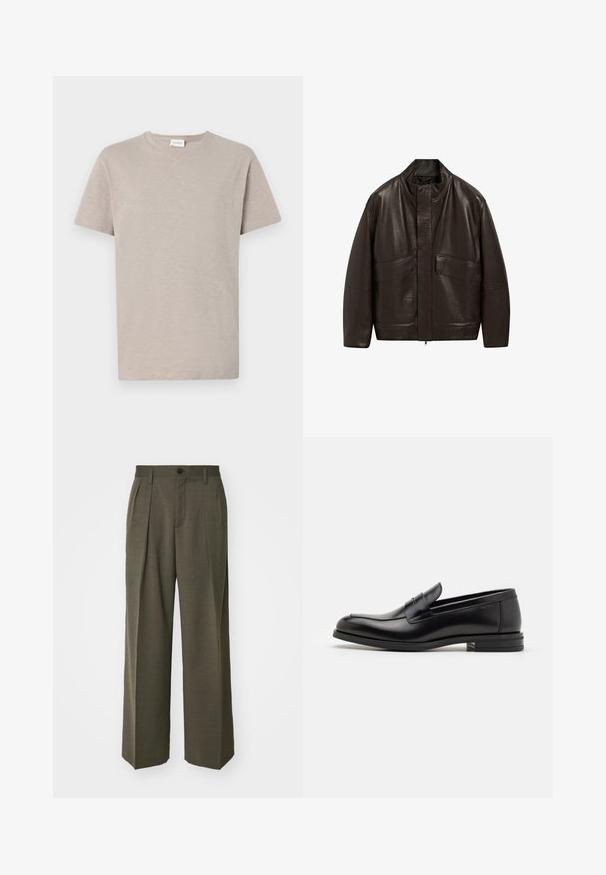 Hnědá kožená bunda s vysokým límcem, zipovým zapínáním a dvěma velkými předními kapsami; má hladkou texturu a volný střih.; Světle béžové tričko s krátkým rukávem vyrobené z měkké, strukturované tkaniny. Má kulatý výstřih a decentní logo umístěné blízko lemu.; Filippa K WIDE TROUSERS - Kalhoty - driftwood; Černé kožené polobotky s hladkou texturou, zaoblenou špičkou a zdobným páskem přes nárt. Nízký stohovaný podpatek, minimalistický design.