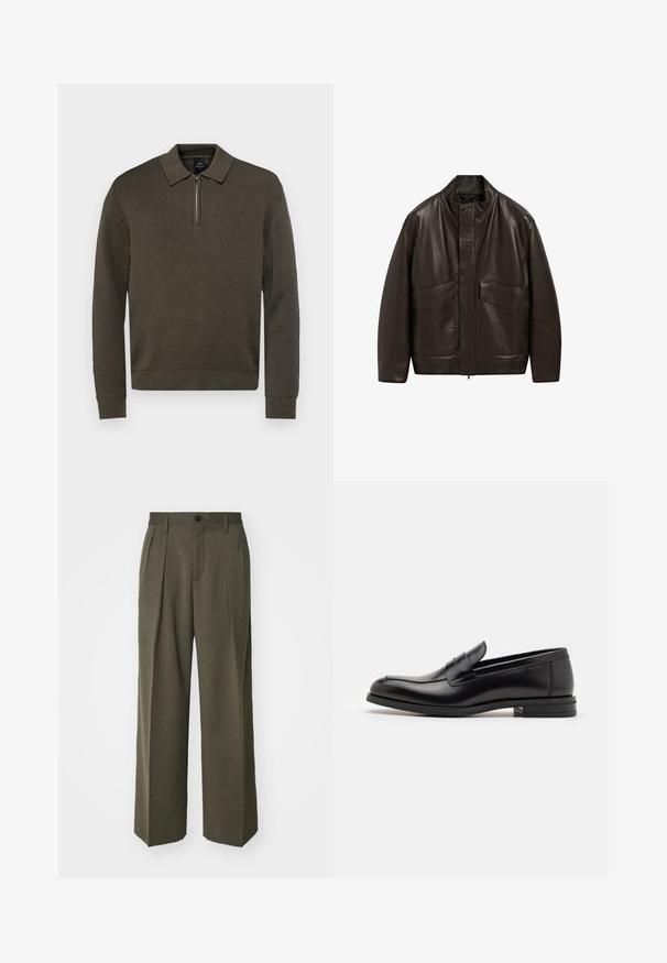 Hnědá kožená bunda s vysokým límcem, zipovým zapínáním a dvěma velkými předními kapsami; má hladkou texturu a volný střih.; Armani Exchange Svetr - black olive; Filippa K WIDE TROUSERS - Kalhoty - driftwood; Černé kožené polobotky s hladkou texturou, zaoblenou špičkou a zdobným páskem přes nárt. Nízký stohovaný podpatek, minimalistický design.