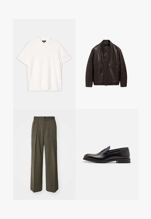 Brun læderjakke med høj krave, lynlås lukning og to store forlommer; har en glat tekstur og et afslappet fit design.; Hvid kortærmet polo t-shirt med en klassisk krave, tre-knaps placket og lige bund. Blød tekstur og enkelt design.; Filippa K WIDE TROUSERS - Bukser - driftwood; Sorte læderloafers med en glat overflade, rund tå og en dekorativ strop over vampen. Lav hæl med stabeldesign, minimalistisk stil.