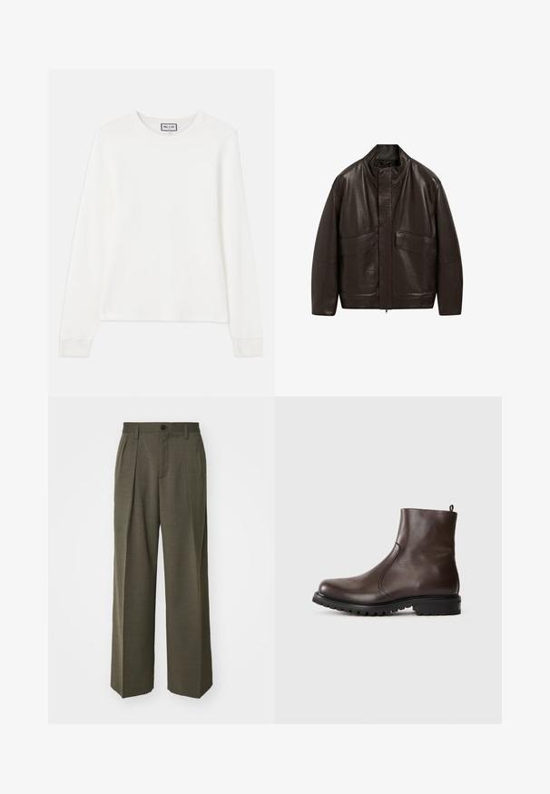 Brown leather jacket with a high collar, zip closure, and two large front pockets; features a smooth texture and relaxed fit design.; White long-sleeve ribbed knit top with a crew neckline and fitted cuffs. Features a tag reading "PAUL & JOE" at the collar.; Filippa K WIDE TROUSERS - Trousers - driftwood; Brown leather ankle boot with a smooth texture, elastic side panels, pull tab at the back, and a rugged rubber sole.