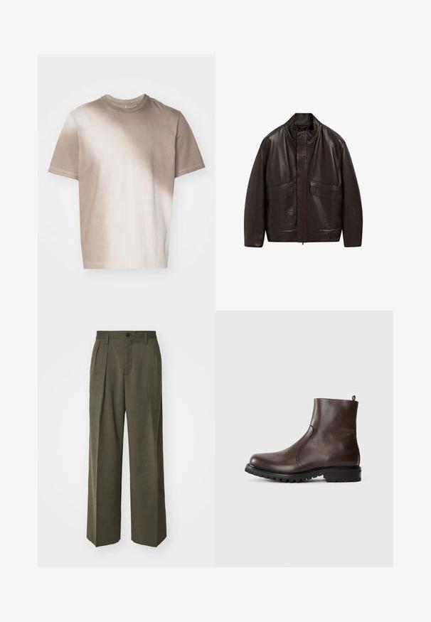 Brown leather jacket with a high collar, zip closure, and two large front pockets; features a smooth texture and relaxed fit design.; Beige cotton t-shirt with a gradient color effect, short sleeves, and a crew neckline. Smooth texture, casual design, and no visible hardware.; Filippa K WIDE TROUSERS - Trousers - driftwood; Brown leather ankle boot with a smooth texture, elastic side panels, pull tab at the back, and a rugged rubber sole.