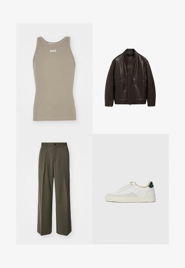 Bruine leren jas met een hoge kraag, ritssluiting en twee grote zijzakken; heeft een gladde textuur en een ontspannen pasvorm.; Khaki racerback tanktop gemaakt van rekbaar katoen met een geribbelde textuur; beschikt over een wit "MSGM" logo op de borst.; Filippa K WIDE TROUSERS - Broek - driftwood; Witte sneaker met suède accenten, ronde neus, platte veters en een crème rubberen zool. Bevat groene branding op de hiel.