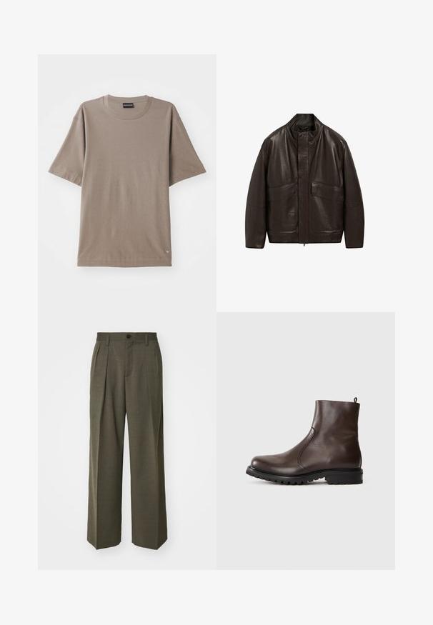 Brązowa skórzana kurtka z wysokim kołnierzem, zapięciem na zamek i dwiema dużymi kieszeniami z przodu; charakteryzuje się gładką fakturą i luźnym krojem.; Brązowy t-shirt z krótkim rękawem o kroju z okrągłym dekoltem, z subtelnym wzorem teksturowanym i małą metką z logo w dolnym lewym rogu.; Filippa K - Spodnie materiałowe; Brązowe skórzane botki za kostkę o gładkiej powierzchni, z elastycznymi bocznymi panelami, pętelką z tyłu oraz wytrzymałą gumową podeszwą.