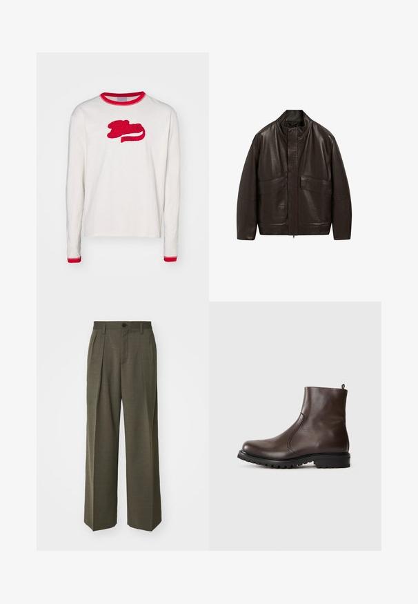 Braune Lederjacke mit hohem Kragen, Reißverschluss und zwei großen Fronttaschen; zeichnet sich durch eine glatte Textur und einen lässigen Schnitt aus.; Langärmliges, cremefarbenes Baumwoll-T-Shirt mit rotem geripptem Ausschnitt und Bündchen. Verfügt über das gestickte "Blue Marble"-Logo in rot.; Filippa K WIDE TROUSERS - Stoffhose - driftwood; Braune Leder-Stiefeletten mit glatter Textur, elastischen seitlichen Einsätzen, einer Schlaufe hinten und einer robusten Gummisohle.