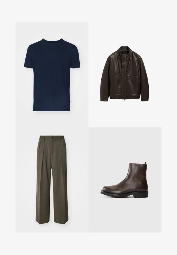 Giubbotto in pelle marrone con colletto alto, chiusura a zip e due grandi tasche frontali; presenta una texture liscia e un design dalla vestibilità comoda.; T-shirt blu navy realizzato in morbido tessuto, con scollatura rotonda e maniche corte, dal taglio rilassato e senza motivi o dettagli visibili.; Filippa K WIDE TROUSERS - Pantaloni - driftwood; Stivale alla caviglia in pelle marrone con una texture liscia, pannelli laterali elasticizzati, linguetta sul retro e suola in gomma robusta.