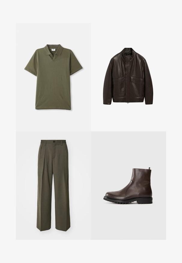Veste en cuir marron avec un col haut, fermeture éclair et deux grandes poches avant ; présente une texture lisse et un design décontracté.; Polo olive en coton lisse. Il présente un col classique et des manches courtes. Design minimaliste sans motifs ni accents.; Filippa K WIDE TROUSERS - Pantalon classique - driftwood; Botte chelsea en cuir marron avec une texture lisse, des panneaux latéraux élastiques, une languette à l'arrière et une semelle en caoutchouc robuste.