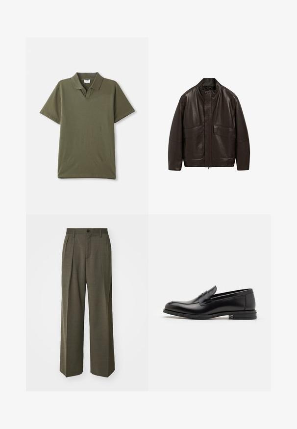 Brun läderjacka med hög krage, dragkedjestängning och två stora framfickor; har en slät yta och en avslappnad passform.; Olivgrön polo t-shirt i mjuk bomull. Har klassisk krage och korta ärmar. Minimalistisk design utan mönster eller detaljer.; Filippa K WIDE TROUSERS - Tygbyxor - driftwood; Svarta läderloafers med en slät yta, rund tå och ett dekorativt band över främre delen. Låg staplad klack, minimalistisk design.