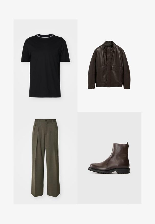 Hnědá kožená bunda s vysokým límcem, zipovým zapínáním a dvěma velkými předními kapsami; má hladkou texturu a volný střih.; Emporio Armani Jednoduché tričko - nero; Filippa K WIDE TROUSERS - Kalhoty - driftwood; Hnědé kožené kotníkové boty s hladkým povrchem, elastickými postranními panely, poutkem na zadní straně a robustní gumovou podrážkou.