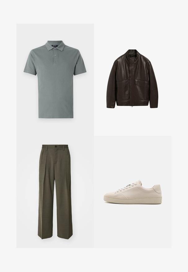 Giubbotto in pelle marrone con colletto alto, chiusura a zip e due grandi tasche frontali; presenta una texture liscia e un design dalla vestibilità comoda.; Polo in verde tenue, con una finitura texturizzata, maniche corte, collo a camicia e una chiusura con due bottoni.; Filippa K WIDE TROUSERS - Pantaloni - driftwood; Sneakers in pelle beige con una finitura liscia, punta rotonda, suola piatta e design classico con lacci. Dettagli di cucitura discreta e suola testurizzata.