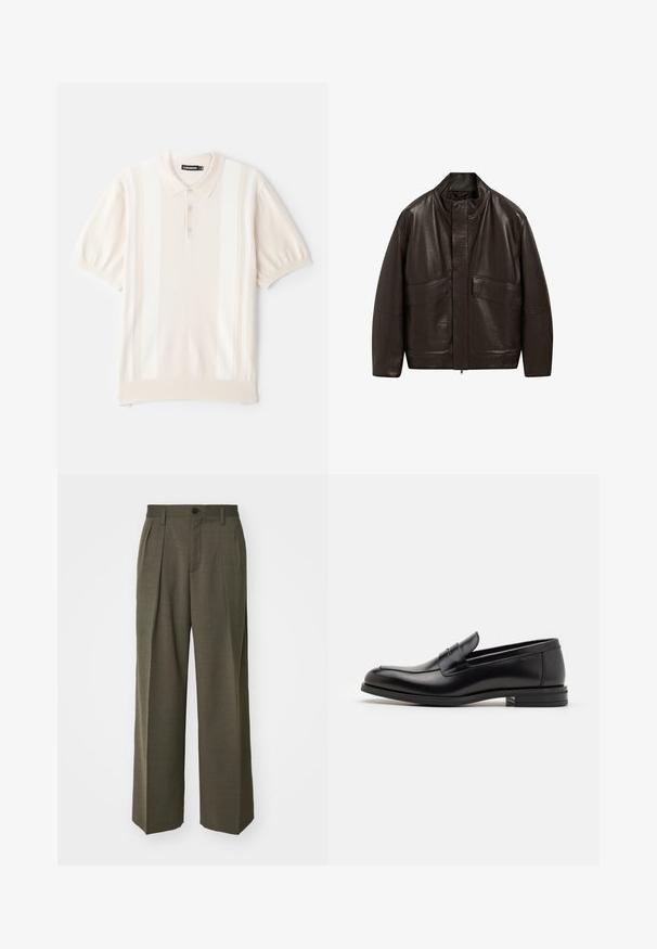 Bruine leren jas met een hoge kraag, ritssluiting en twee grote zijzakken; heeft een gladde textuur en een ontspannen pasvorm.; Crèmekleurig polo shirt met korte mouwen, voorzien van een gladde textuur, drie knopen, subtiele verticale strepen en een klassiek kraagontwerp.; Filippa K WIDE TROUSERS - Broek - driftwood; Zwarte leren instappers met een gladde textuur, ronde neus en een decoratieve band over de wreef. Lage, gestapelde hak en minimalistisch ontwerp.