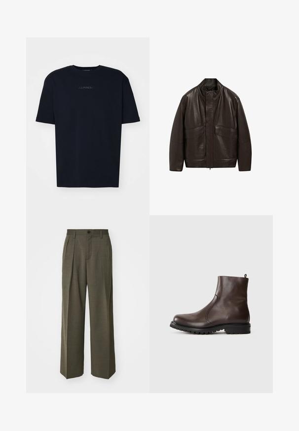 Hnědá kožená bunda s vysokým límcem, zipovým zapínáním a dvěma velkými předními kapsami; má hladkou texturu a volný střih.; Černé bavlněné tričko s krátkým rukávem, s jemným logem v mírně tmavším odstínu na hrudi, jednobarevné, volný střih.; Filippa K WIDE TROUSERS - Kalhoty - driftwood; Hnědé kožené kotníkové boty s hladkým povrchem, elastickými postranními panely, poutkem na zadní straně a robustní gumovou podrážkou.
