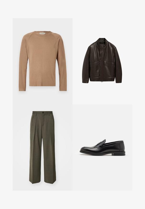 Giubbotto in pelle marrone con colletto alto, chiusura a zip e due grandi tasche frontali; presenta una texture liscia e un design dalla vestibilità comoda.; Maglione lavorato a maglia marrone chiaro con maniche lunghe, collo rotondo e cuciture raglan. Tessuto morbido e design semplice. Senza decorazioni e versatile.; Filippa K WIDE TROUSERS - Pantaloni - driftwood; Mocassini neri in pelle con una texture liscia, punta arrotondata e una striscia decorativa sulla tomaia. Tacco basso impilato, design minimalista.