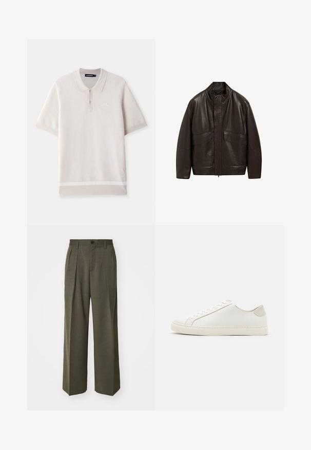 Brown leather jacket with a high collar, zip closure, and two large front pockets; features a smooth texture and relaxed fit design.; Light gray polo shirt made of textured fabric with a collar, short sleeves, three buttons, and a white logo on the chest.; Filippa K WIDE TROUSERS - Trousers - driftwood; White leather sneaker with a smooth surface, round toe, and minimalistic design. Features beige accents on the heel and a rubber sole.