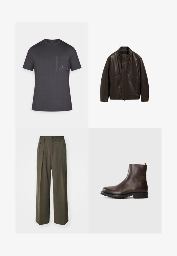 Hnědá kožená bunda s vysokým límcem, zipovým zapínáním a dvěma velkými předními kapsami; má hladkou texturu a volný střih.; Tmavě šedé tričko s kulatým výstřihem vyrobené z měkké tkaniny, s malou náprsní kapsou orámovanou tmavším šedým lemem a malým modrým logem na kapse.; Filippa K WIDE TROUSERS - Kalhoty - driftwood; Hnědé kožené kotníkové boty s hladkým povrchem, elastickými postranními panely, poutkem na zadní straně a robustní gumovou podrážkou.