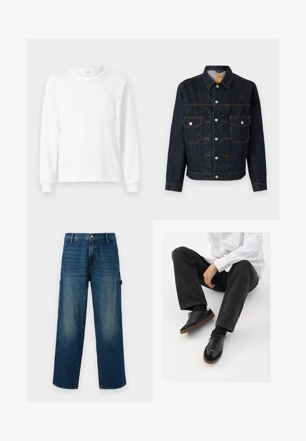 Tamsiai mėlynas džinsinis džemperis su sagčių užsegimu priekyje, dviem krūtininėmis kišenėmis, baltais mygtukais ir oranžinėmis siūlėmis. Klasikinis dizainas su apykakle ir ilgomis rankovėmis.; Balta ilga rankovė T-marškiniai, pagaminti iš medvilnės. Su apvalia iškirpte ir mažomis kišenėmis krūtinėje. Minkšta tekstūra su įsiūtomis rankovėmis.; Plati mėlynos džinsinės kelnes su išblukusiomis detalėmis, turinčios tradicinį mygtuką ir užtrauktuką, o kairėje pusėje yra šoninė kišenė.; Juodi sportbačiai su lygiu ir tekstūruotu paviršiumi, turi guminį padas ir tamsias raištelius. Suderinti su juodomis džinsais ir balta juostuota marškinėliais.