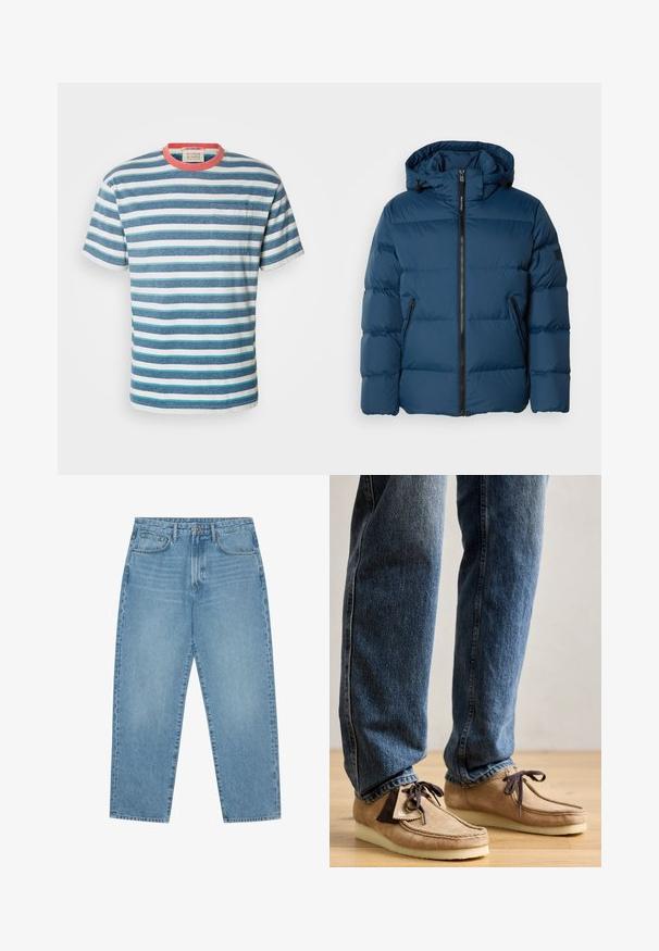 Blå pufferjakke med hætte, der har en frontlynlås, to sidelommer og quiltede sektioner til isolering. Glat, vandafvisende materiale.; Scotch & Soda STRIPE POCKET - T-shirts print - off white harbour teal multicolour; Lys blå denim wide-leg jeans med høj talje, der har fem lommer, bæltestropper og en blød, let falmet tekstur.; Suedemokasiner i tan med mørkebrune accenter, rund tå og blød hvid sål. Har snøre-design og syede detaljer.