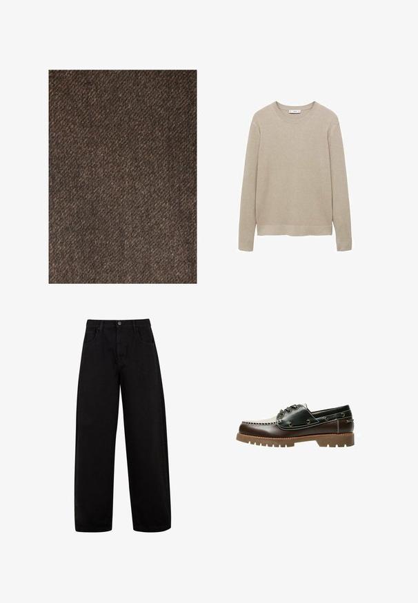Next REGULAR FIT - Klasičan kaput - brown; Bežani rebrasti pleteni džemper s dugim rukavima, okruglim izrezom i izrezanim rubom. Tkanina izgleda mekano s teksturiranim uzorkom.; Bežena majica kratkih rukava od lagane tkanine, s izrezanim ovratnikom i pet dugmadi sprijeda, s opuštenim krojem.; Crne široke traperice, izrađene od denima, s prednjim džepovima, zatvaranjem na gumb i čistim, minimalističkim dizajnom bez vidljivih uzoraka.; Smeđe i crne kožne cipele za čamce s vezicama, kontrastnim šavovima i teksturiranim gumenim potplatom. Imaju metalne obrube za vezice i zaobljeni vrh.