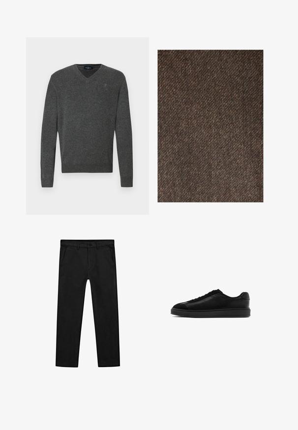 Next REGULAR FIT - Mantel - brown; Grijze v-hals trui gemaakt van zacht materiaal. Heeft ribgebreide manchetten en zoom, met een klein geborduurd logo op de borst. Eenvoudig ontwerp, klassieke pasvorm.; Donkerbruine button-up jas met twee voorste flapzakken met knopen en een klassieke kraag.; Zwarte katoenen broek met een rechte pijp, voorzakken en een klassieke knoopsluiting met een ritssluiting. Soepele textuur, nauwsluitende pasvorm.; Zwarte leren sneakers met een gladde afwerking, ronde neus, vetersluiting aan de voorkant en een contrasterende, gestructureerde tong. Dikke zwarte rubberen zool.