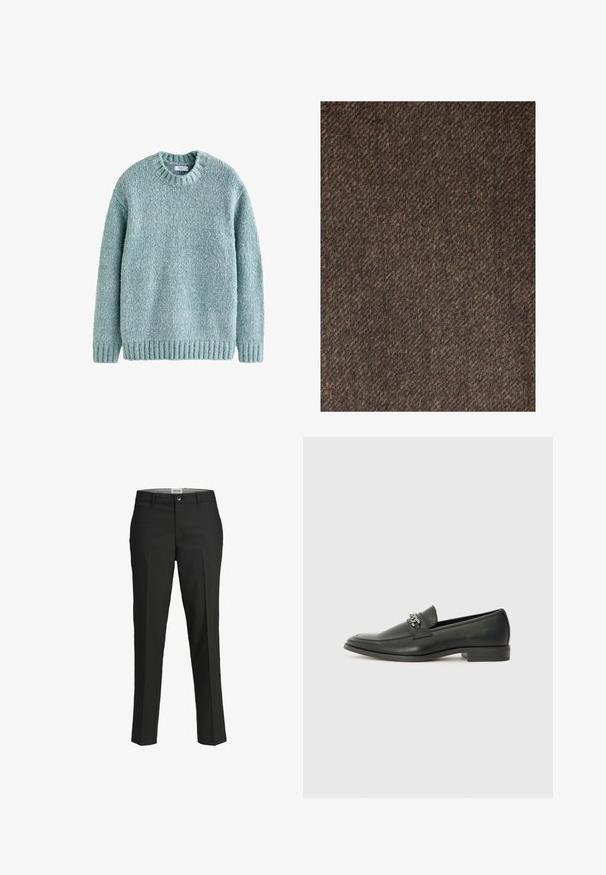 Next REGULAR FIT - Cappotto classico - brown; Maglione lavorato a maglia di un colore verde chiaro con scollo rotondo, polsi e orlo a costine. Realizzato in filato testurizzato, presenta un design accogliente adatto per l'abbigliamento informale.; Pantaloni neri, vestibilità sartoriale, tessuto liscio, vita media, chiusura con bottone frontale, tasche diagonali e dettagli di piega lungo le gambe.; Mocassino in pelle nera con finitura liscia, caratterizzato da un design cucito e da un accento decorativo in catena metallica sul vamp. Tacco piatto.