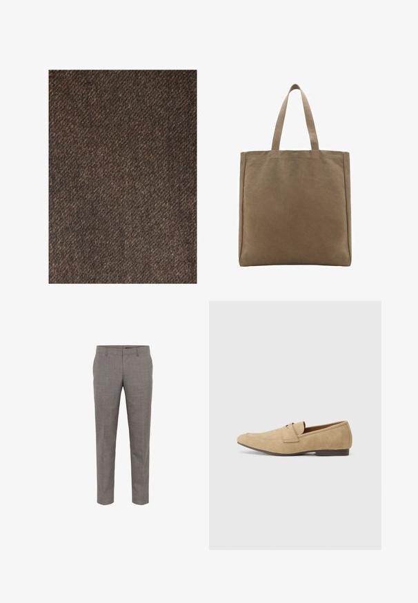 Next REGULAR FIT - Klasický kabát - brown; Mango ANTARES - Košeľa - white; Sivé, tailored nohavice vyrobené z textúrovanej tkaniny, so slim fit strihom, bočnými vreckami a plochým predným dizajnom.; Bežové semišové mokasíny s jemným leskom, s okrúhlou špičkou, dizajnom na zloženie a nízkym hnedým podpätkom. Jemné detaily v šití.; Plátená taška v béžovej farbe, s dvoma pevným uchami. Obdĺžnikový tvar s hladkou textúrou a bez viditeľných ozdôb.