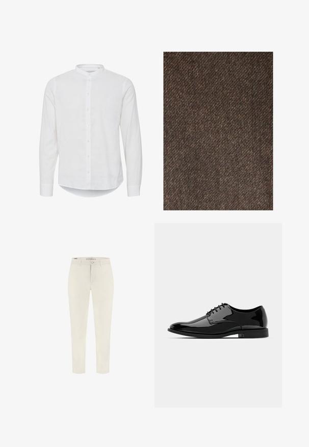 Next REGULAR FIT - Mantel - brown; Witte lange mouwen shirt met een Mandarin kraag, knoopsluiting aan de voorkant en een licht gebogen zoom. Gemaakt van lichtgewicht linnen stof.; Off-white slim-fit broek met riemlussen, voorknoop en ritssluiting, verkort tot de enkel.; Zwarte gepatineerde leren jurkchoenen met een ronde neus, vetersluiting en een glad, glanzend oppervlak. Voorzien van een laagprofiel rubberen zool.