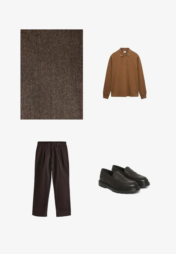 Next REGULAR FIT - Cappotto classico - brown; Polo shirt marrone a maniche lunghe realizzato in cotone, con colletto, pattina con bottoni e polsini a costine; texture liscia e vestibilità rilassata.; Next EDIT - REGULAR FIT - Pantaloni - brown; Scarpe slip-on in pelle marrone con finitura liscia, collo imbottito e design testurizzato. Presentano una suola in gomma nera con motivo a scanalature.