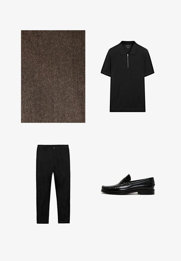Next REGULAR FIT - Manteau classique - brown; Polo-shirt noir à manches courtes avec col montant et fermeture éclair à l'avant. Fabriqué en tissu lisse avec un design épuré et minimaliste.; Pantalons noirs à jambe droite avec fermeture à bouton, passants de ceinture et poches latérales, posés à plat sur un fond blanc.; Mocassins en cuir noir avec un bout rond, des détails cousus le long des bords et un petit talon carré. Texture lisse et design minimaliste.