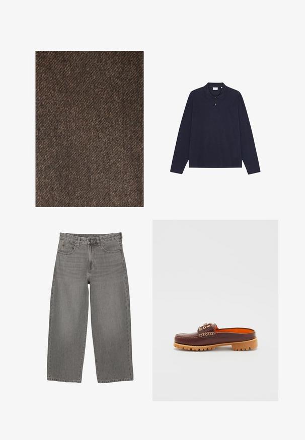 Next REGULAR FIT - Klasický kabát - brown; Námořnická modrá polokošile s dlouhým rukávem z bavlny s límečkem, nabízející zapínání na tři knoflíky a jednoduchou texturu. Bez viditelných vzorů nebo akcentů.; Šedé džínové kalhoty širokého střihu s předním zapínáním na knoflík a zip, poutky na opasek a designem se pěti kapsami.; Hnědá kožená slip-on obuv s kulatou špičkou, texturovaným prošíváním, zlatými průvleky a hnědou, drsnou podešví. Interiér je v jasně oranžové barvě.