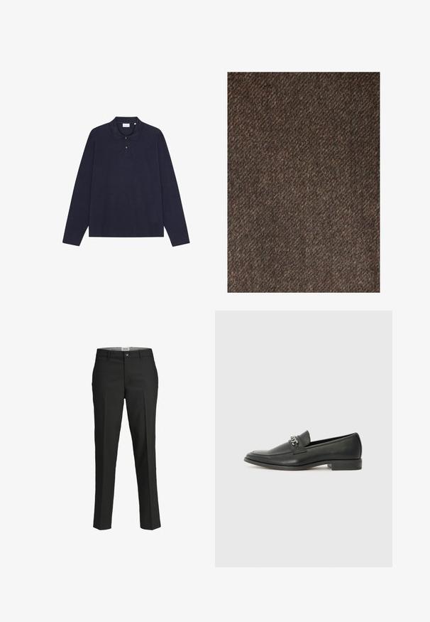 Next REGULAR FIT - Klassikaline mantel - brown; Tumesinise pikkade varrukatega puuvillane polo särk, millel on krae, kolme nööbiga kinn closure ja lihtne tekstuur. Ilma nähtavate mustrite või aktsentideta.; Mustad püksid, kohandatud lõige, sile kangas, keskmise kõrgusega vöökoht, ees nupuga sulgemine, diagonaalsed taskud ja voldid jalgade all.; Must haveate nahkking punased, millel on sile viimistlus, tikitud muster ja dekoratiivne metallkett vampi üle. Tasane konts.