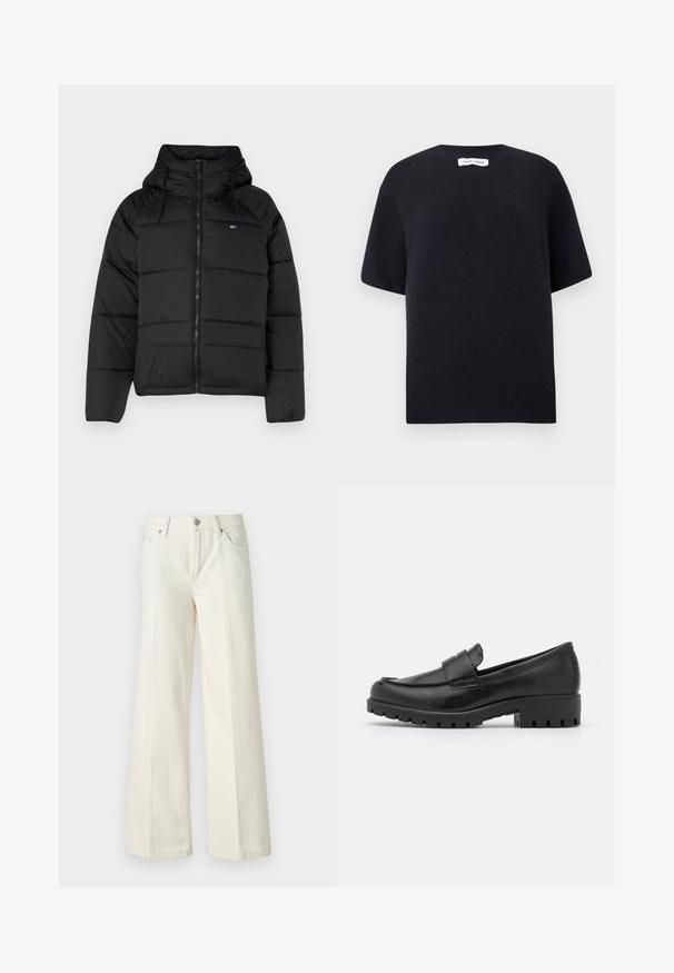 Chaqueta acolchada negra con capucha, con cremallera frontal, cordones ajustables y diseño acolchado. Tejido suave y ligero.; Suéter negro de punto de manga corta con un escote redondo y un dobladillo acanalado. Textura suave con un ajuste relajado. Diseño minimalista.; Jeans blancos de pierna ancha hechos de una mezcla de algodón. Cuentan con una cremallera en la bragueta, diseño de cinco bolsillos y costuras a lo largo de las costuras.; Mocasines de cuero negro con punta redondeada, un detalle de costura y una suela de goma gruesa con un dibujo visible. Superficie suave.