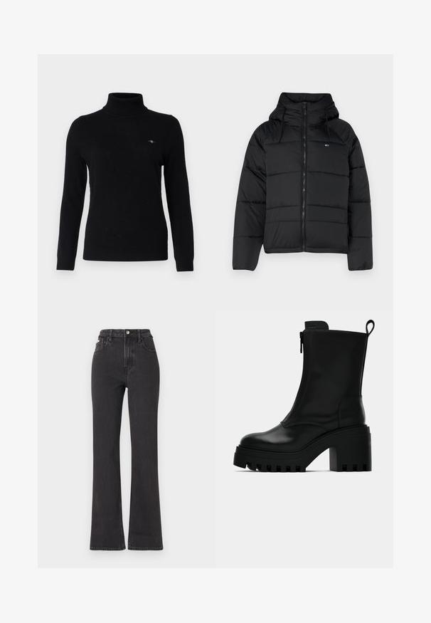 Veste matelassée noire avec capuche, dotée d'un zip avant, de cordons de serrage réglables et d'un design matelassé. Tissu doux et léger.; Pull à col roulé noir, manches longues, design ajusté, fabriqué en tissu doux, avec un logo discret sur la zone gauche de la poitrine.; Jean noir taille haute évasé en denim, avec fermeture à bouton, passants de ceinture et poches latérales. Texture lisse avec un minimum de décoloration.; Bottine en cuir noir avec semelle à crampons, talon carré, fermeture éclair sur le côté et languette à l'arrière sur fond blanc uni.
