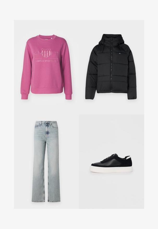Svart polstret jakke med hette, med glidelås foran, justerbare snorer og quiltet design. Mykt, lett stoff.; GANT TONAL SHIELD C NECK - Sweatshirt - dark lavender; Høytliv, lyseblå denimjeans med vid benstil, som har fem lommer og subtil fading langs stoffet.; Svart sneakers med glatt skinn og semsket skinnpaneler, flate snørebånd, rund tå og hvit gummisåle. Distinkt logo på hælen.