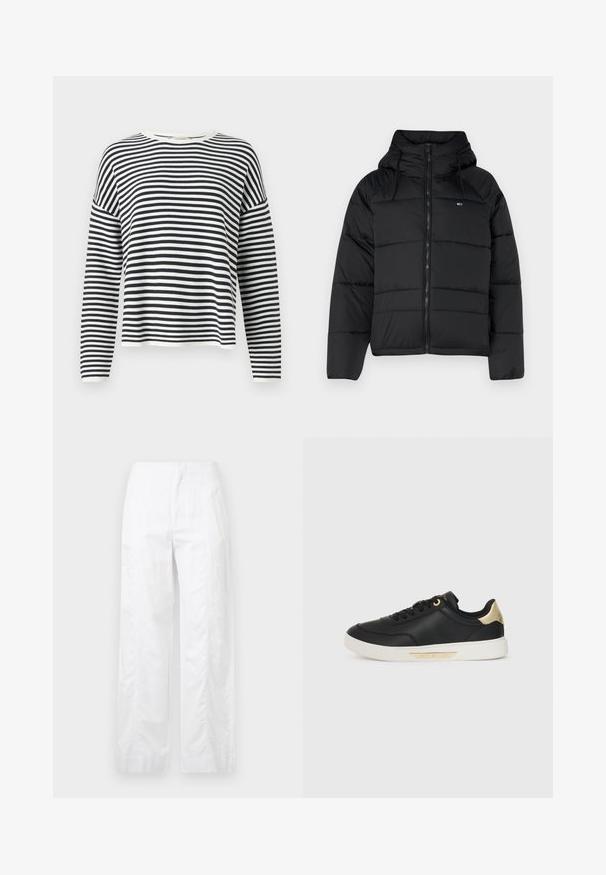 Musthave mustaga, millel on kapuuts, ees lukk, reguleeritavad nöörid ja tikitud disain. Pehme ja kerge kangas.; Pika varrukatega, ümmarguse lõikega särk pehmest kangast, millel on mustad ja valged horisontaalsed triibud. Omab soonikkateta varrukate ja hemmi.; Valged laiad püksid, mis on valmistatud kergetest materjalidest, omades siledat tekstuuri, puhtaid jooni ja kõrget vöökohta.; Must have nahkapäkk, millel on sile tekstuur, valge kummitald, kuldsed aktsendid kanna ja silmade ümber, külgedel logo.