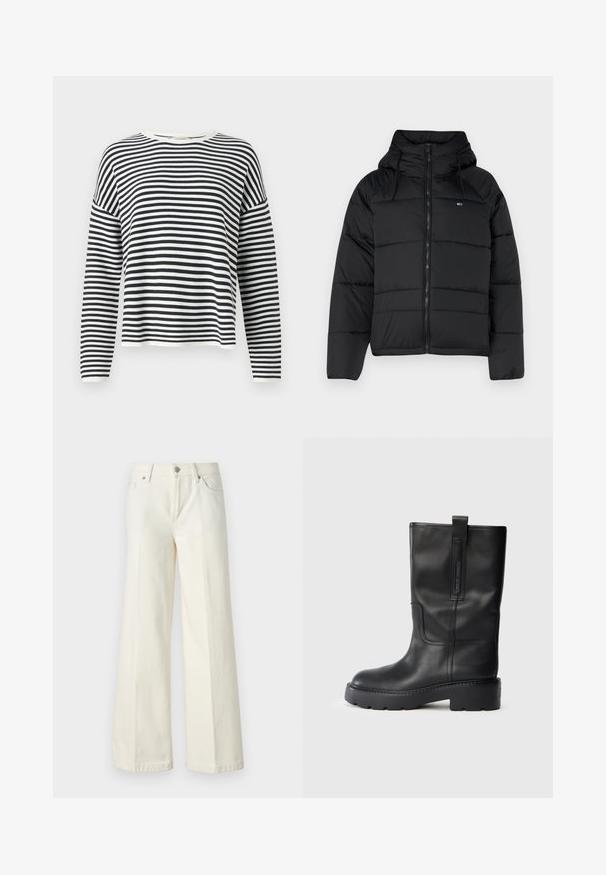 Μαύρο φουσκωτό μπουφάν με κουκούλα, με μπροστινό φερμουάρ, ρυθμιζόμενα κορδόνια και σχέδιο με καπιτονέ. Μαλακό, ελαφρύ ύφασμα.; Μακρυμάνικη μπλούζα με στρογγυλή λαιμόκοψη, κατασκευασμένη από μαλακό ύφασμα με μαύρες και λευκές οριζόντιες ρίγες. Διαθέτει ριμπ μανσέτες και στρίφωμα.; Φαρδιά λευκά τζιν από μείγμα βαμβακιού. Διαθέτουν φερμουάρ, πέντε τσέπες και ραφή κατά μήκος των ραφών.; Μαύρες δερμάτινες μπότες μέχρι το γόνατο με κομψό σχέδιο, διαθέτοντας παχύ πάτο και λωρίδα στην πλευρά για εύκολη χρήση. Αξιοσημείωτες ραφές.