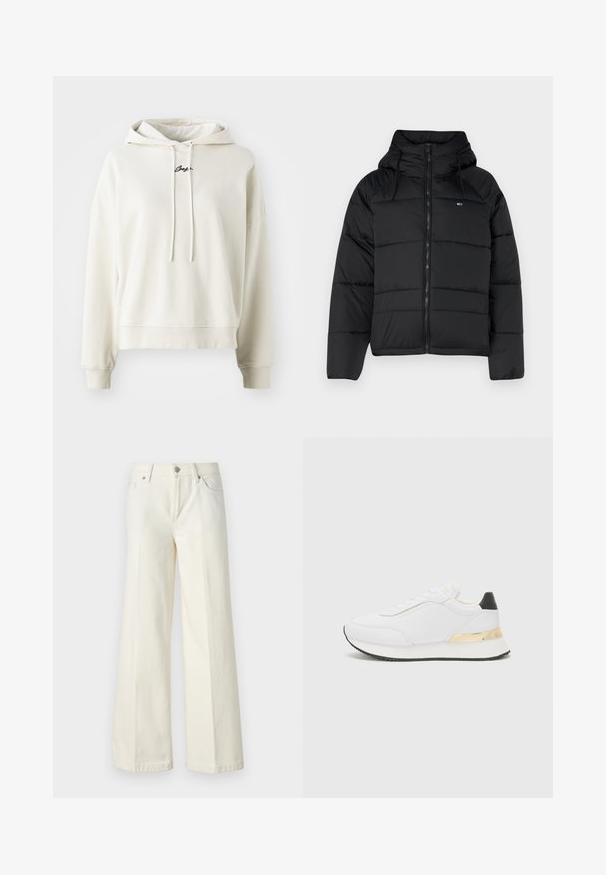 Črna podložena jakna s kapuco, ki ima sprednji zadrgo, nastavljive vrvice in kvadratni dizajn. Mehka, lahka tkanina.; Hoodie v kremni barvi, bombažni material, sproščen kroj, kapuca na vrvico, žeblji in spodnji rob s rebrastim zaključkom, vezen logotip na prsih.; Široke bele kavbojke so narejene iz mešanice bombaža. Imajo zadrgo, pet žepov in šive vzdolž šivov.; Bela tenisa z gladko površino, ki se ponaša z črnimi detajli na peti in zlatim kovinskim dodatkom na srednjem delu podplata. S sistemom vezalk, gumijast podplat.