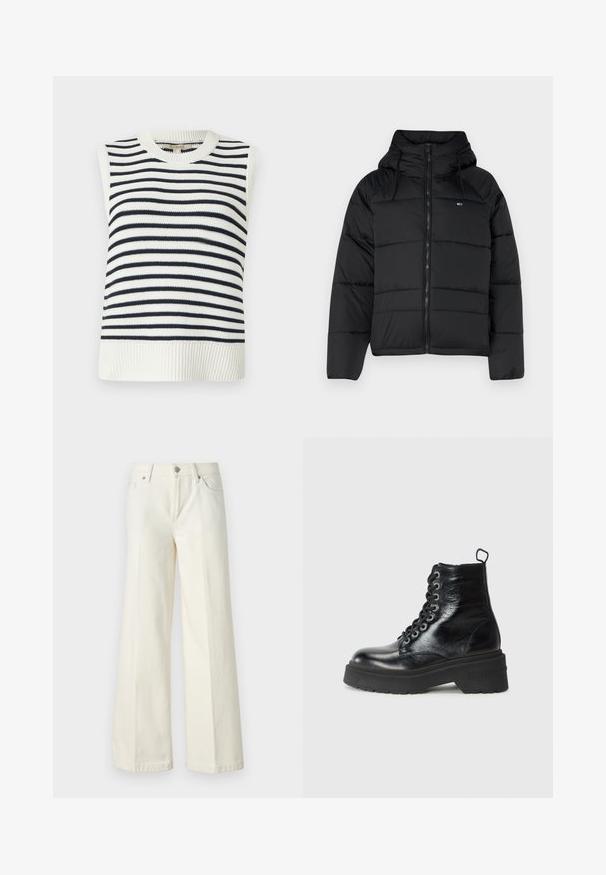 Fekete puffasztott kabát kapucnival, elülső cipzárral, állítható húzózsinórral és steppelt dizájnnal. Puha, könnyű anyag.; Ujj nélküli kötött felső kerek nyakkal, tengerészkék és fehér vízszintes csíkokkal, bordázott szegéllyel és sima textúrával.; Bőszárú fehér farmernadrág pamut keverék anyagból. Cipzáras záródással, öt zsebes kialakítással és varrással a varratok mentén.; Fekete bokacsizmák fényes felülettel, vastag talpú platform kialakítással és fűzős designnal, amelyen a "TOMMY" márka jól láthatóan szerepel.