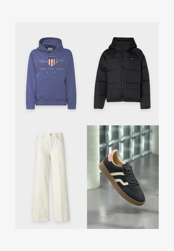 Fekete puffasztott kabát kapucnival, elülső cipzárral, állítható húzózsinórral és steppelt dizájnnal. Puha, könnyű anyag.; GANT ARCHIVE SHIELD HOODIE - Melegítőfelső - dusty navy; Bőszárú fehér farmernadrág pamut keverék anyagból. Cipzáras záródással, öt zsebes kialakítással és varrással a varratok mentén.; Tengerészsötét bőr sportcipők krémcsíkokkal, rózsaszín részletekkel a sarokon és egy strukturált világosbarna gumitalppal. Klasszikus alacsony fazon.