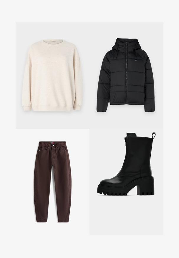 Giacca nera imbottita con cappuccio, dotata di zip frontale, lacci regolabili e design trapuntato. Tessuto morbido e leggero.; Felpa beige chiaro realizzata in un tessuto morbido, con colletto girocollo, maniche lunghe e un motivo maculato in sfumature delicate.; Pantaloni di cotone marroni con design a gamba dritta, dotati di cinque tasche, rivetti metallici e etichetta sulla cintura. Tessuto liscio, stile casual.; Stivale alla caviglia in pelle nera con suola a tassello spessa, tacco a blocco, zip laterale e linguetta sul retro su sfondo bianco neutro.