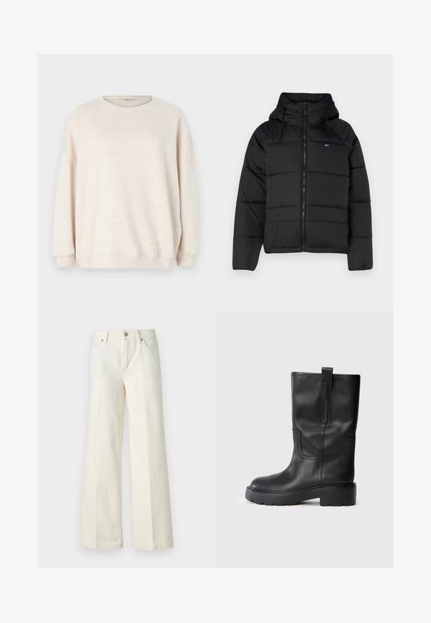 Chaqueta acolchada negra con capucha, con cremallera frontal, cordones ajustables y diseño acolchado. Tejido suave y ligero.; Sudadera de color beige claro, hecha de un textil suave, con cuello redondo, mangas largas y un patrón moteado en tonos sutiles.; Jeans blancos de pierna ancha hechos de una mezcla de algodón. Cuentan con una cremallera en la bragueta, diseño de cinco bolsillos y costuras a lo largo de las costuras.; Botas de cuero negras hasta la rodilla con un diseño elegante, que cuentan con una suela gruesa y una pestaña lateral para ponerlas con facilidad. Destacan los acentos de costura.
