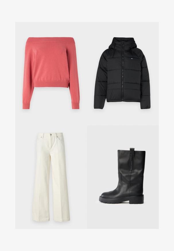 Chaqueta acolchada negra con capucha, con cremallera frontal, cordones ajustables y diseño acolchado. Tejido suave y ligero.; Suéter coral con los hombros al descubierto, de manga larga, con cuello y puños acanalados, y una cinturilla ajustada. Tela suave y texturizada.; Jeans blancos de pierna ancha hechos de una mezcla de algodón. Cuentan con una cremallera en la bragueta, diseño de cinco bolsillos y costuras a lo largo de las costuras.; Botas de cuero negras hasta la rodilla con un diseño elegante, que cuentan con una suela gruesa y una pestaña lateral para ponerlas con facilidad. Destacan los acentos de costura.