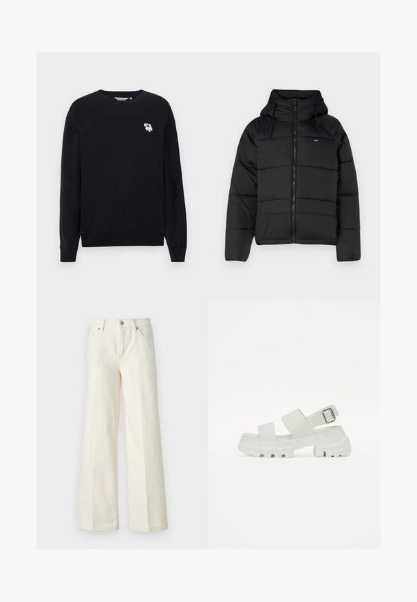 Fekete puffasztott kabát kapucnival, elülső cipzárral, állítható húzózsinórral és steppelt dizájnnal. Puha, könnyű anyag.; Fekete pamut pulóver. Hosszú ujjakkal, kerek nyakkivágással rendelkezik, és a bal mellrészen egy kis fehér virágmotívumos hímzés található.; Bőszárú fehér farmernadrág pamut keverék anyagból. Cipzáras záródással, öt zsebes kialakítással és varrással a varratok mentén.; Fehér szandál chunky talppal, széles két pánttal és csat részlettel a bokapánton. Simát textura, minimalista dizájn.