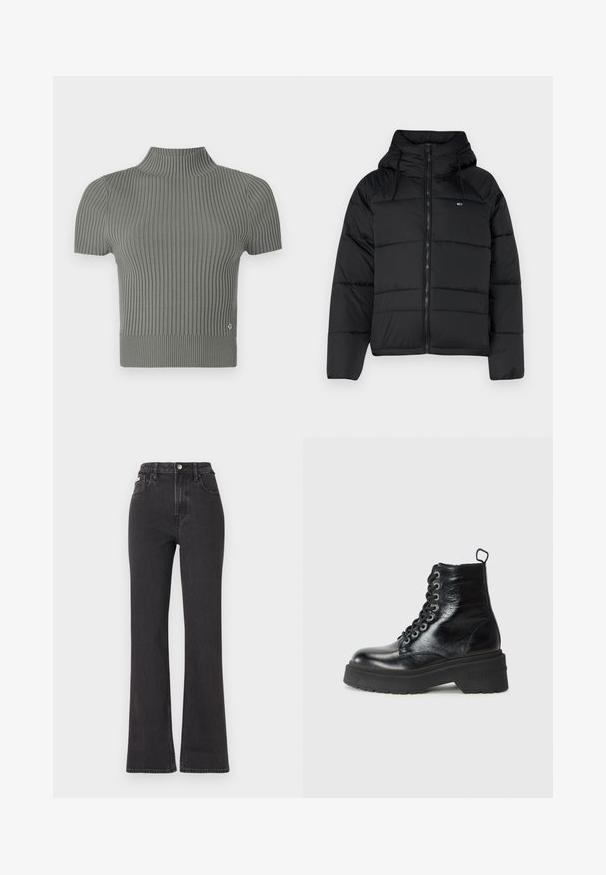 Czarna ocieplana kurtka z kapturem, wyposażona w zamek błyskawiczny z przodu, regulowane sznurki oraz pikowany wzór. Miękka, lekka tkanina.; Dopasowany, krótki top z krótkim rękawem w miękkim, szarym prążkowanym materiale. Posiada wysoki dekolt i mały akcent z logo blisko dolnej krawędzi.; Czarne jeansy z wysokim stanem i rozszerzanym dołem, wykonane z denimu, z zapięciem na guzik, szlufkami na pasek oraz kieszeniami bocznymi. Gładka faktura z minimalnym przetarciem.; Czarne botki do kostek z błyszczącym wykończeniem, z masywną platformą i sznurowanym wzorem, wyraźnie eksponujące markę "TOMMY."