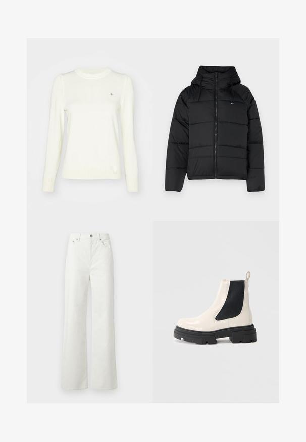 Černá péřová bunda s kapucí, vybavená předním zipem, nastavitelnými šňůrami a prošívaným designem. Měkká, lehká tkanina.; Světle krémový svetr, pletená textura, kulatý výstřih, dlouhé rukávy, žebrované manžety a spodní lem. Diskrétní detail loga na hrudi.; Samsøe Samsøe SHELLY - Džíny Relaxed Fit - clear cream; Krémová kožená Chelsea obuv s masivní černou podrážkou a černými elastickými bočními panely na jednoduchém bílém pozadí.