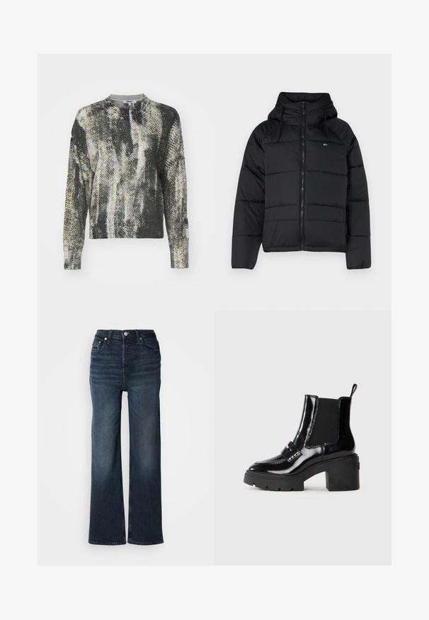 Juodas pūkų striukė su gobtuvu, su priekiniais užtrauktukais, reguliuojamomis raištelėmis ir siuvinėta struktūra. Minkšta, lengva medžiaga.; Textūruotas megztinis su apvalia iškirpte. Juodos, baltos ir geltonos spalvų raštas, primenantis abstrakčius šepetėlio brūkšnius. Ilgos rankovės ir banguota apykaklė.; Tamsiai mėlynos plačių kojų džinsai, pagaminti iš džinsinio audinio. Aukšta juosmens konstrukcija su priekiniais sagčių užsegimais ir šoninėmis kišenėmis. Lygus paviršius ir klasikinis kirpimas.; Juodas patentuotas kulkšninis bicas su masyviu kulnu, elastingais šonų intarpais, dekoratyvia juosta ir kontrastinga siūle. Lygi tekstūra su blizgiu paviršiumi.