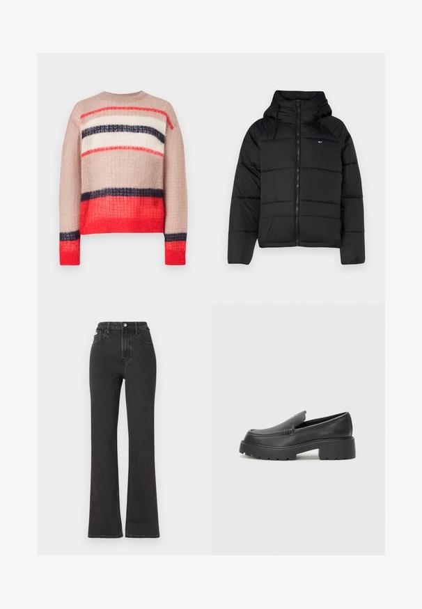 Črna podložena jakna s kapuco, ki ima sprednji zadrgo, nastavljive vrvice in kvadratni dizajn. Mehka, lahka tkanina.; Pleteni pulover z ohlapnim krojem in črtami v rdeči, mornarsko modri, kremni in bež barvi. Teksturovana tkanina z rebrastim ovratnikom in robom.; Črne kavbojke s visokim pasom in razširjenimi hlačnicami, narejene iz denima, z gumbom za zapiranje, zankami za pas in stranskimi žepi. Gladka tekstura z minimalnim bledenjem.; Črne usnjene loafers čevlje z zaobljenim nosom, debelim teksturiranim podplatom in minimalnimi šivi. Elegantna zasnova brez vidnih vezalk ali kovinskih delov.